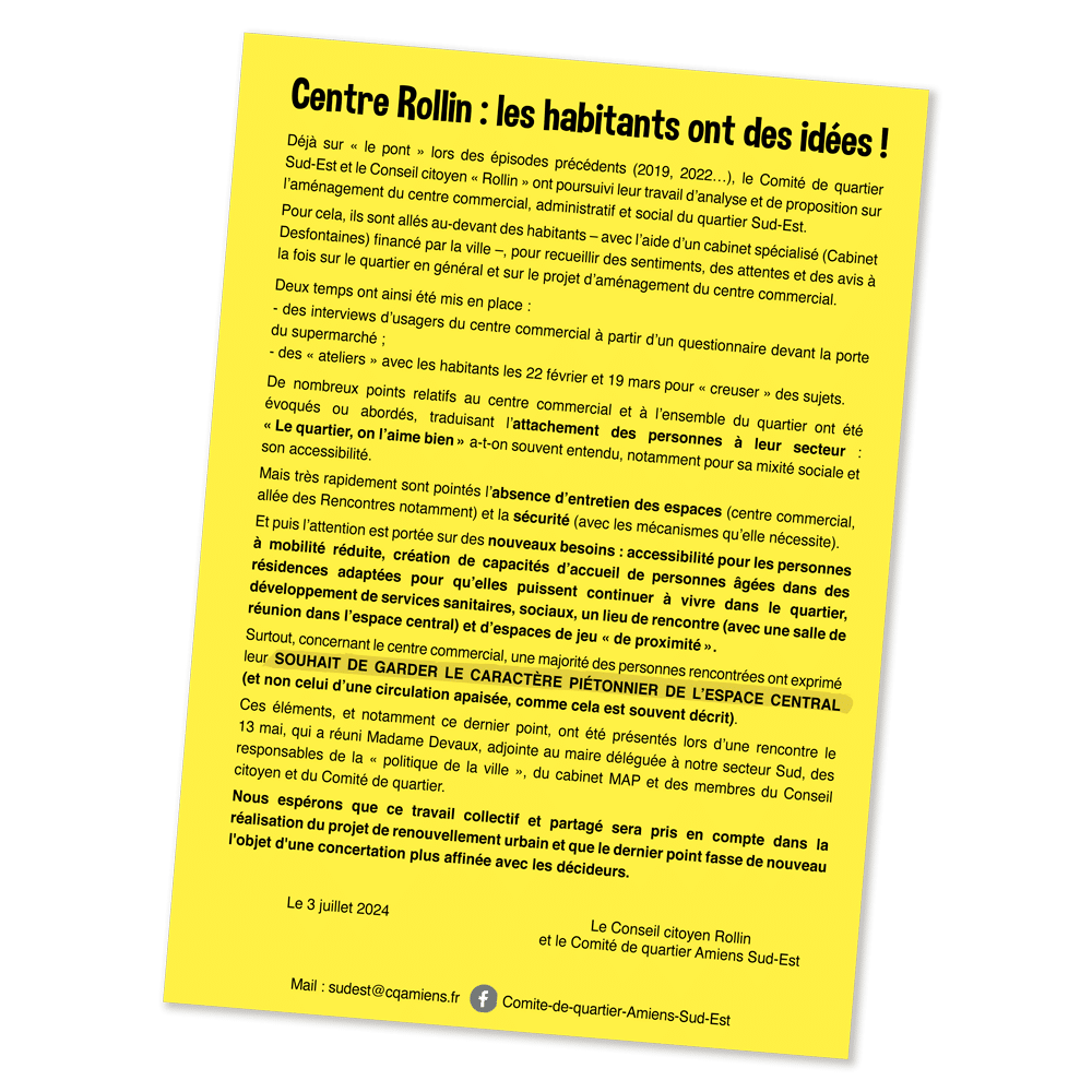 flyer tracs du Conseil citoyen sur la rénovation de Rollin