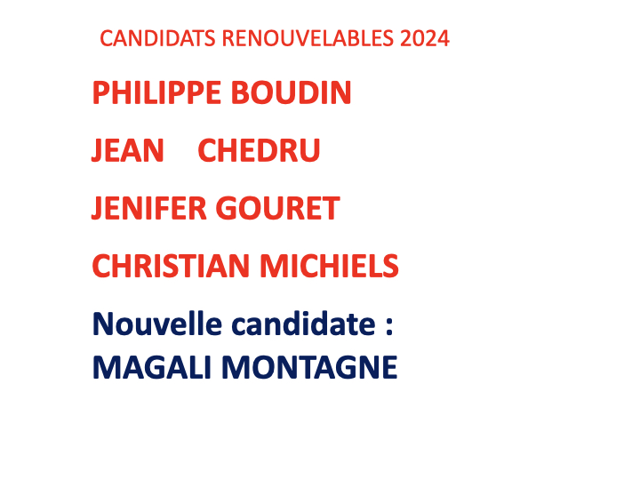 Candidats renouvelables 2024 : Philippe Boudin, Jean Chedru, Jennifer Gouret, Christian Michiels. Nouvelle candidate : Magali Montagne