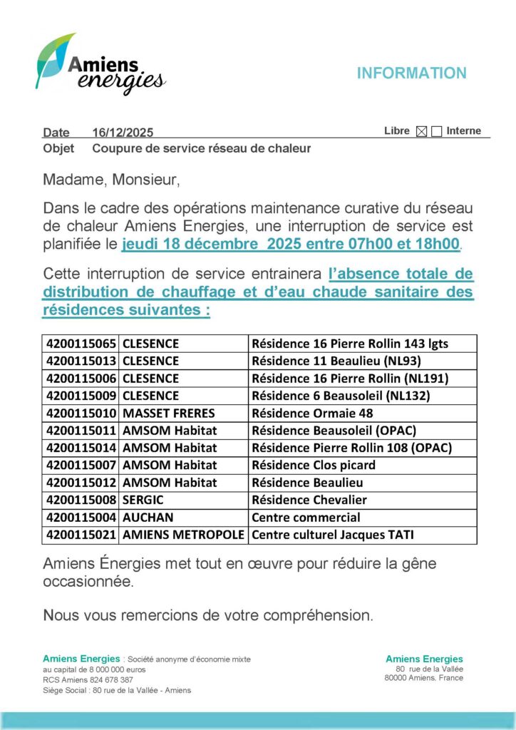 Coupure d'eau chaude jeudi 18 décembre 2025